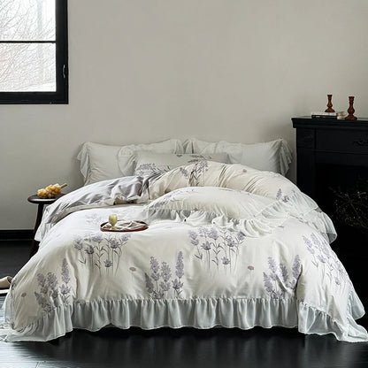 DecorBites™ Lace Ruffles Princess Cotton Bedding Set, Floral Quilt Cover, Girls Wedding Home Textiles