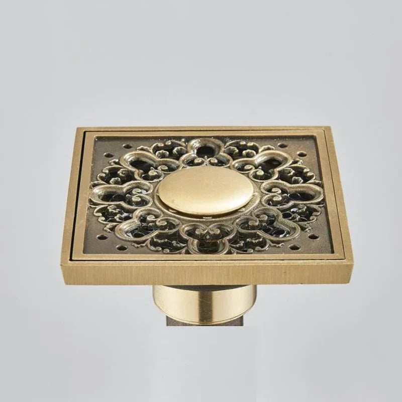 DecorBites™ Antique Brass Square Fish Carved Bathroom Floor Drain Hair Strainer