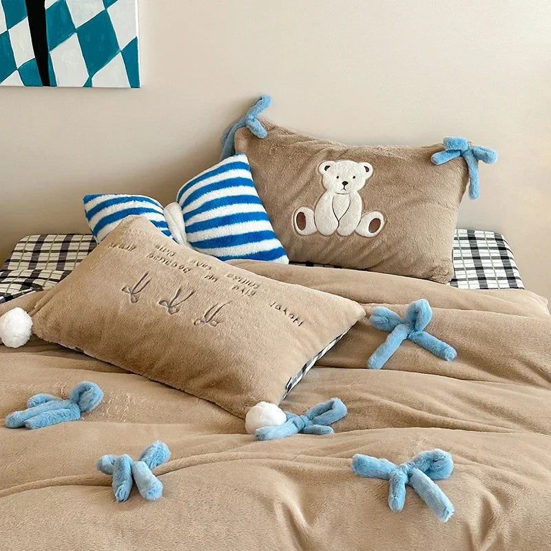 DecorBites™ Bow-knot Embroidered Velvet Duvet Bedding Set cozy winter bedding with pillowcase