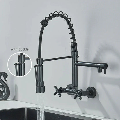 DecorBites™ Gold Black Kitchen Faucet Wall Mount Pull Down Tap Dual Swivel Spouts