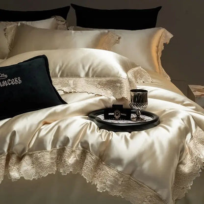 DecorBites™ Luxe French Lace Edge Bedding Set: Silky Lyocell Cotton Duvet Cover, Sheet & Pillowcases