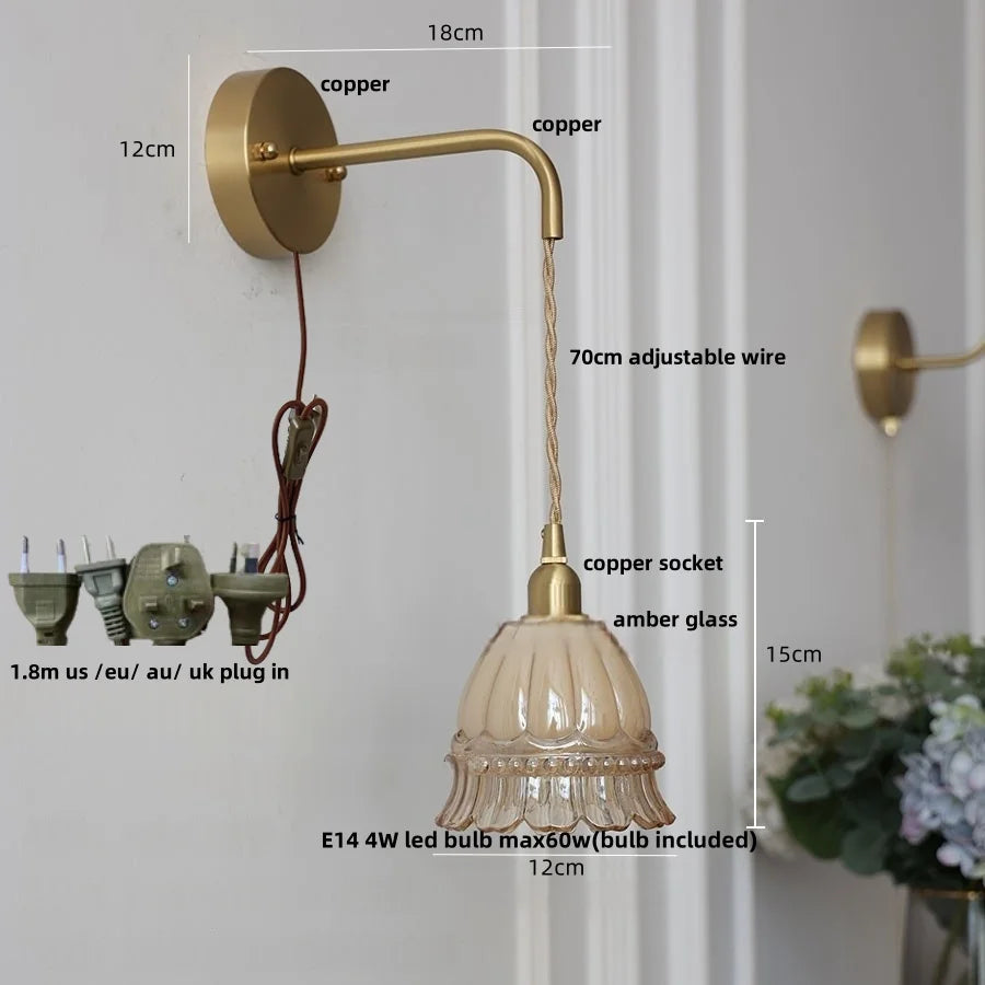 DecorBites™ Amber Glass LED Wall Light Pull Chain Switch Modern Flower Sconce