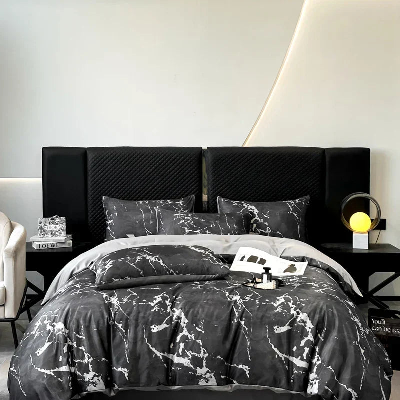 DecorBites™ Black Grey Marble Ice Silk Duvet Cover Set - Luxury Cooling Comfort, Nordic Style