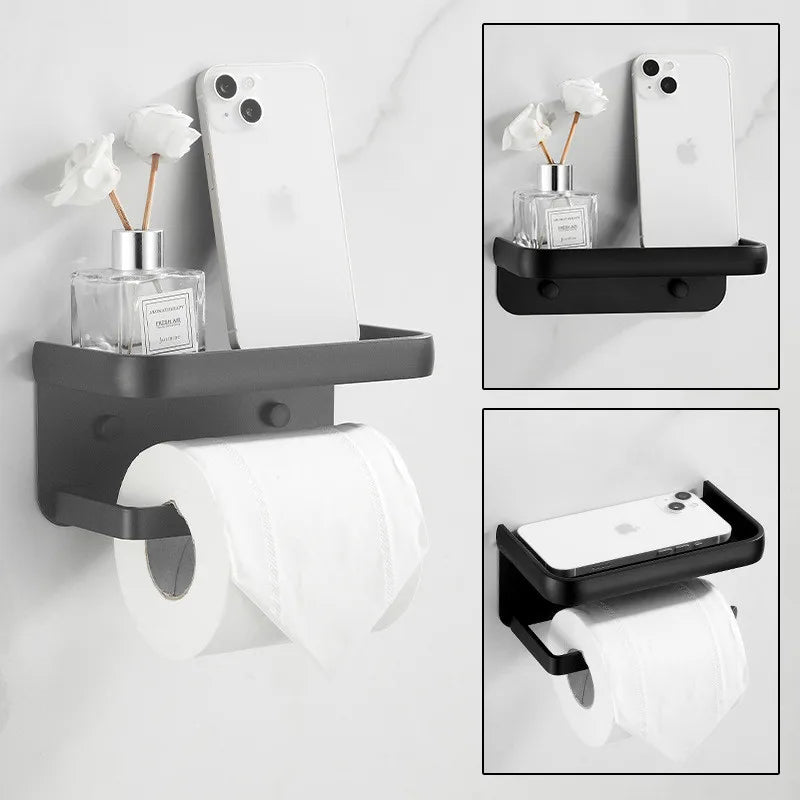 DecorBites™ Aluminum Black Tissue Holder with Phone Shelf - Toilet Paper Rack