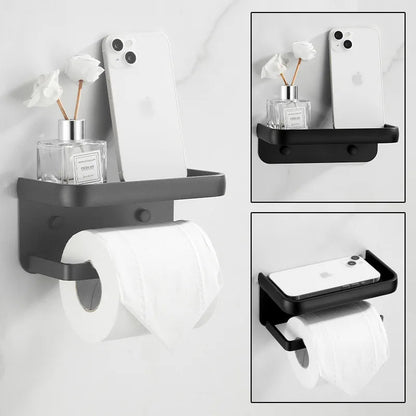 DecorBites™ Aluminum Black Tissue Holder with Phone Shelf - Toilet Paper Rack