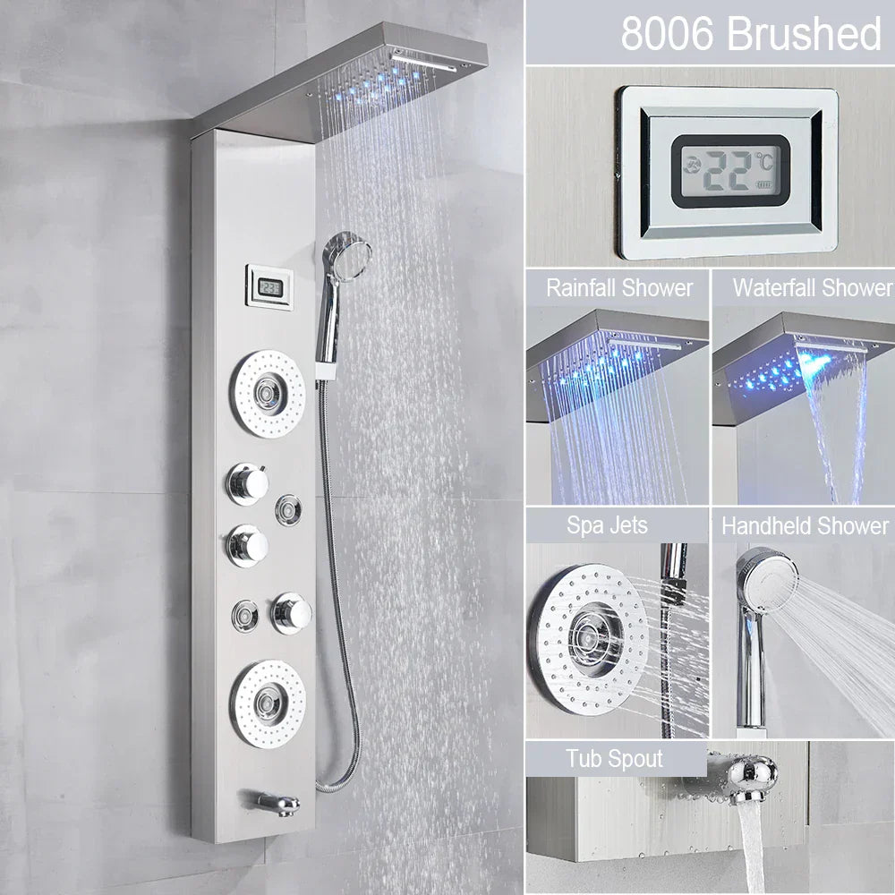 DecorBites™ Black LED Waterfall Rain Shower Panel Faucet Set with Massage Jets