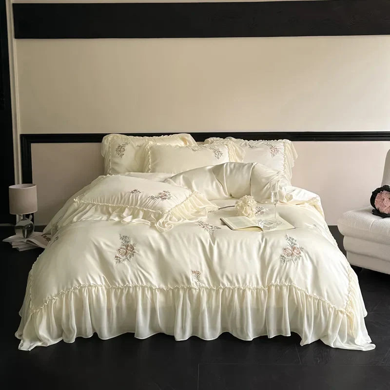 DecorBites™ Flowers Embroidery Lace Ruffles Bedding Set in Soft Lyocell Fabric