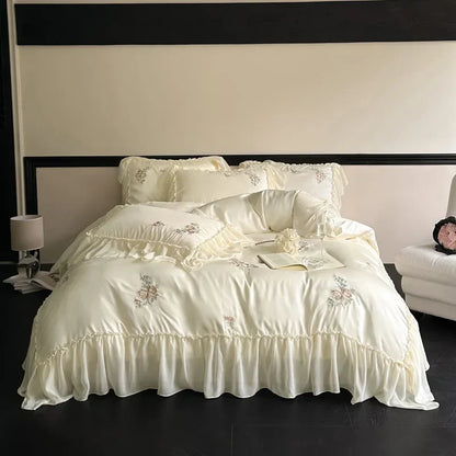 DecorBites™ Flowers Embroidery Lace Ruffles Bedding Set in Soft Lyocell Fabric