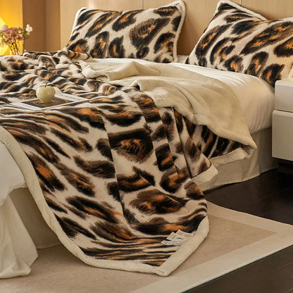 DecorBites™ Luxe Leopard Rabbit Fur Blanket: Cozy Office & Sofa Throw, Skin-Friendly & Multi-Functional