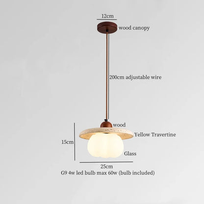 DecorBites™ Cream Glass LED Pendant Lights Modern Wood Yellow Travertine Pendant Lamp
