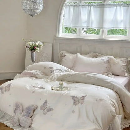 DecorBites™ Butterfly Lace Ruffles Embroidery Bedding Set 4Pcs