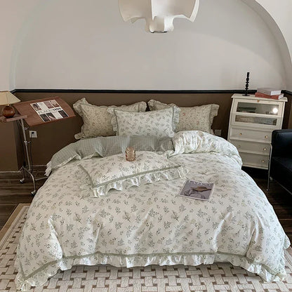 DecorBites™ French Floral Bedding Set, 100% Cotton, Ruffles, Duvet Cover, Bed Sheet, Pillowcases