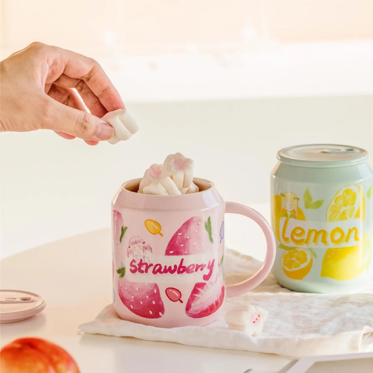 DecorBites™ Fruit Shape Ceramic Mug with Lid and Straw, Cute Korean Style Design