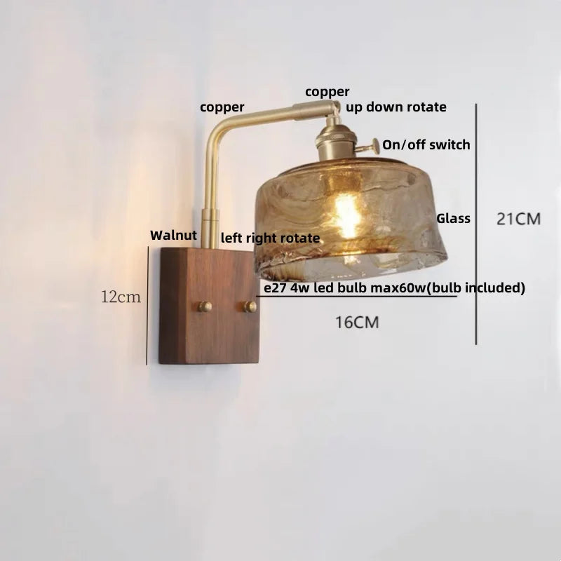 DecorBites™ LED Wall Light Walnut Wood Rotate Copper Bedside Lamp