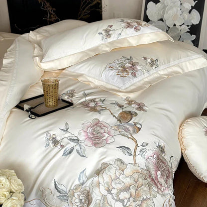 DecorBites™ 5-Piece Chinese Flowers Bird Embroidery Bedding Set, 1000TC Egyptian Cotton, Queen King