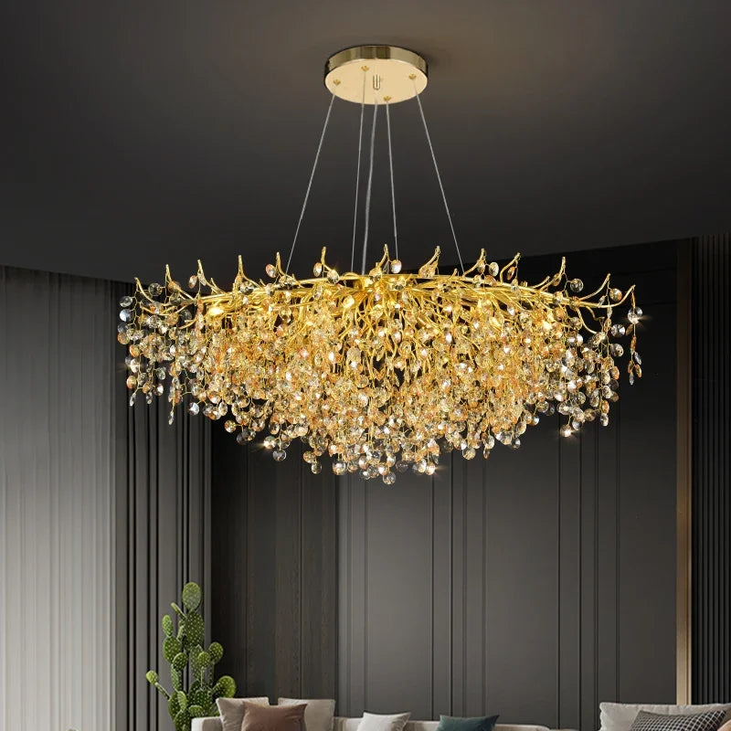 ™ Golden Dendrite Crystal LED Ceiling Chandelier - Luxe Living Room Lighting