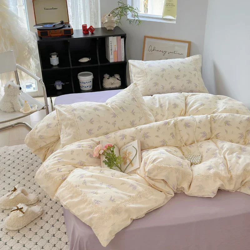 DecorBites™ Lavender Lace Bedding Set: Single Queen Size Duvet, Sheet, Pillowcases