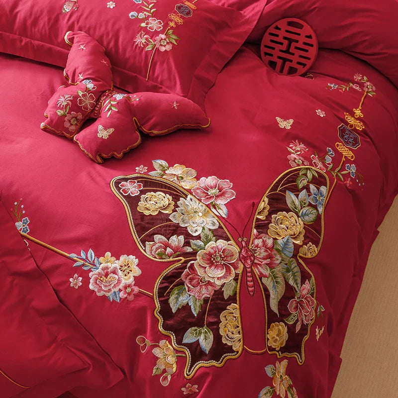 DecorBites™ Chinese Butterfly Flowers Embroidery Wedding Bedding Set - 1000TC Cotton