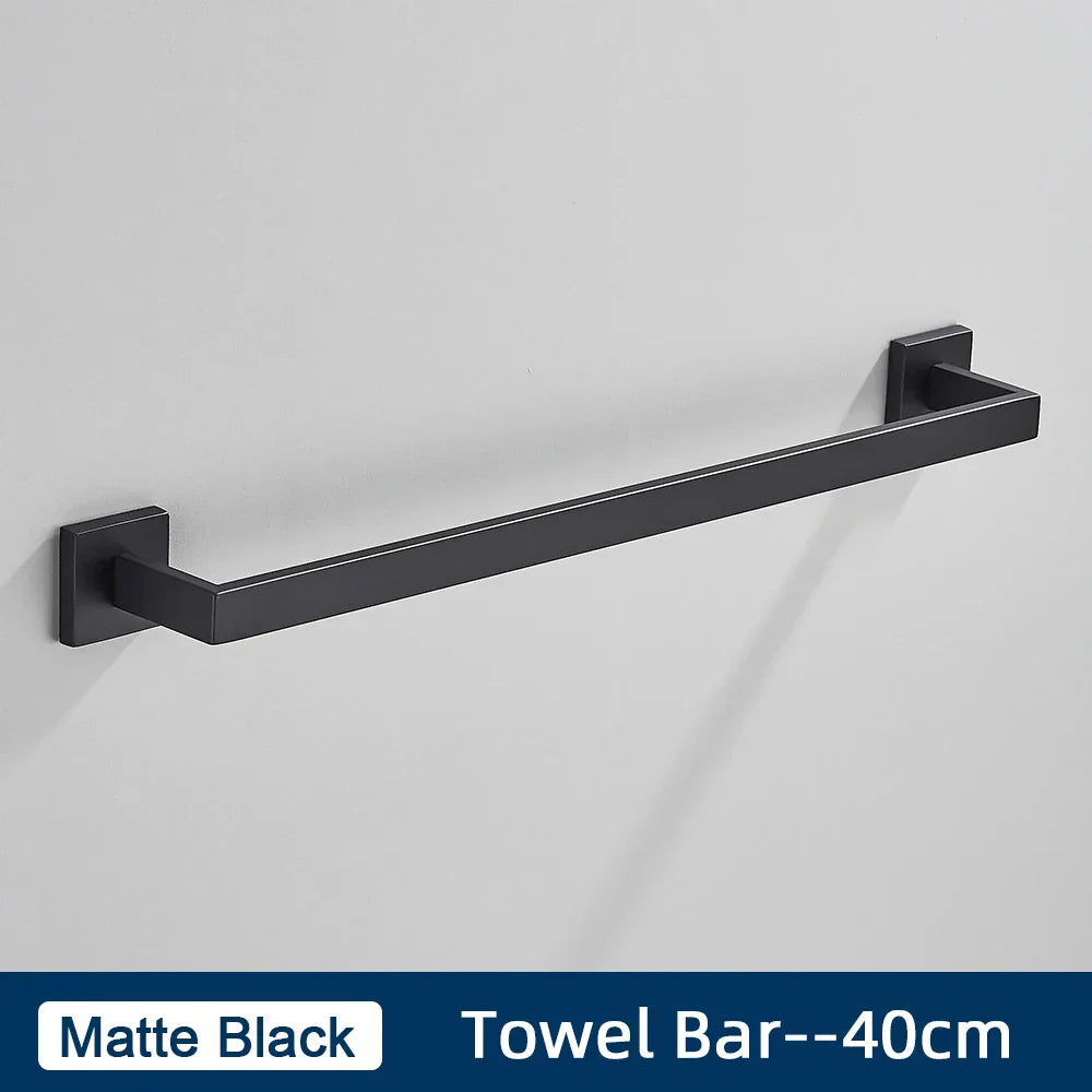 DecorBites™ Black Stainless Steel Bathroom Accessories Set: Towel Bar, Paper Holder, Hook & Bath Rack