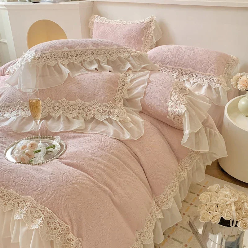 DecorBites™ French Lace Ruffles Velvet Bedding Set, Furry Duvet, Sheet, Pillowcases