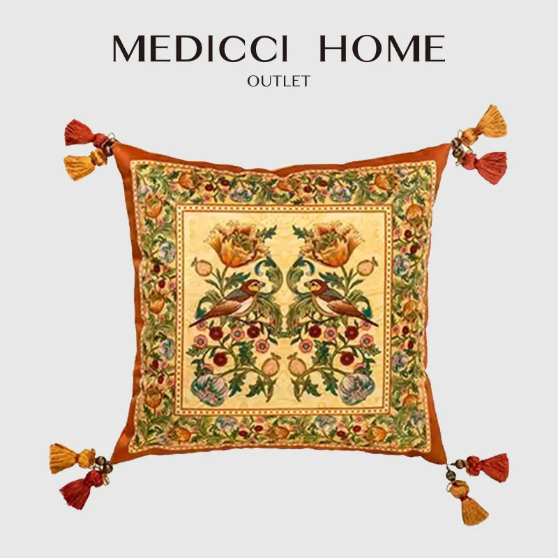™ Gobelin Tapestry Style Reversible Cushion Cover with Tassels and Retro Birds Floral Decor