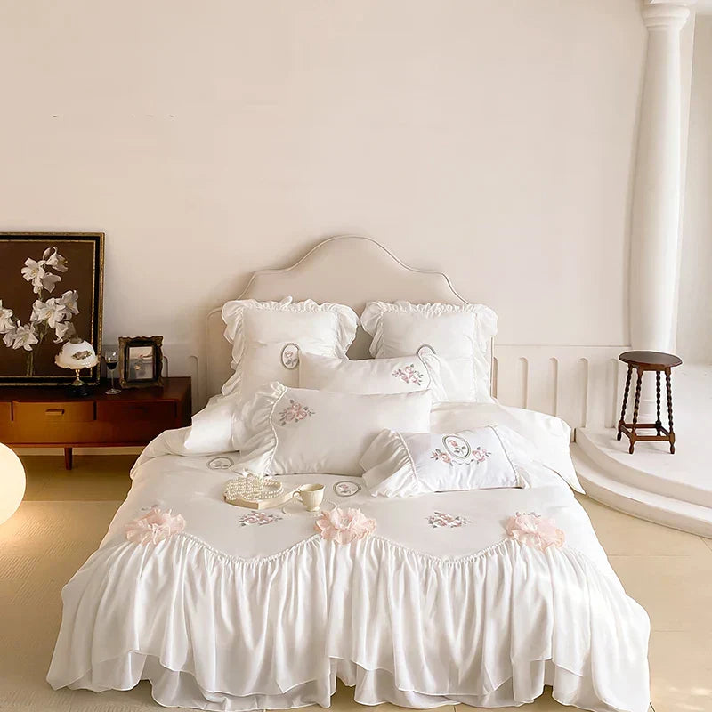 ™ Lace Ruffles Flowers Embroidery 4Pc Egyptian Cotton Bedding Set