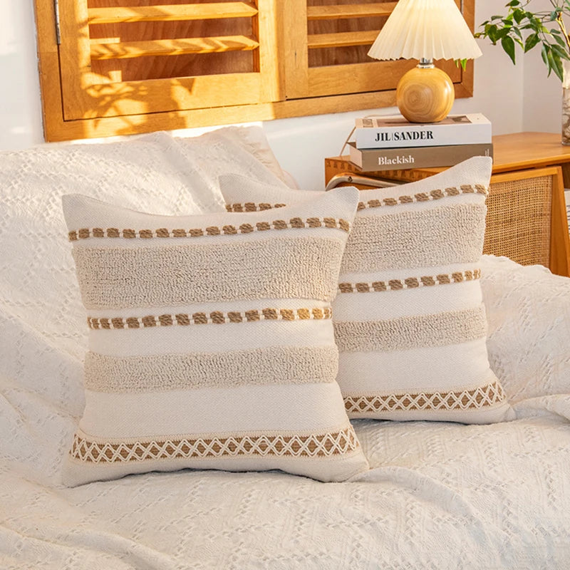 DecorBites™ Geometric Tufted Cushion Cover with Handmade Tassels & Patchwork