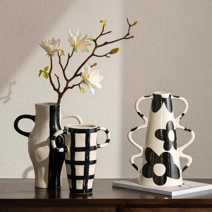 DecorBites™ Geometric Check Pattern Ceramic Vase with Handle for Home Decoration
