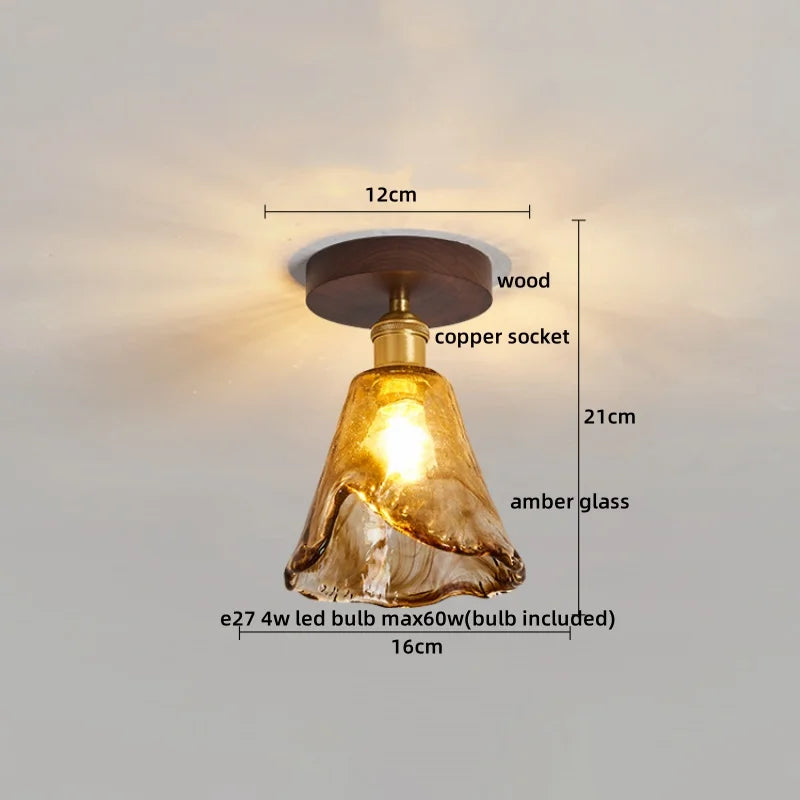 DecorBites™ Amber Glass LED Ceiling Light: Modern Aluminum Wood Kitchen Balcony Room Lamp