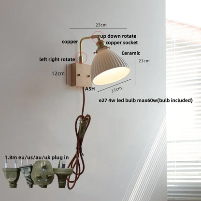 ™ Globe Ceramic Walnut Wood Wall Light with Pull Chain Switch and Rotatable Design