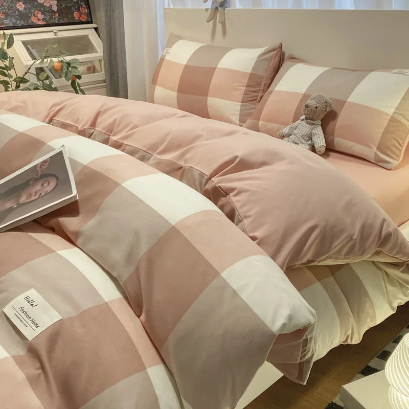™ Japanese Grid Printed Cotton Bedding Set in Queen/King for Cozy Sleep