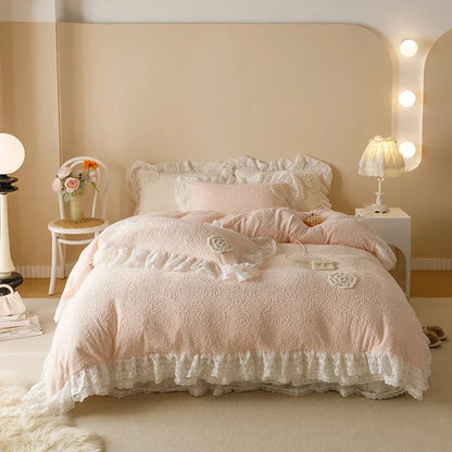 DecorBites™ Luxe Carved Velvet Lace Ruffles Bedding Set with Quilted Bed Skirt