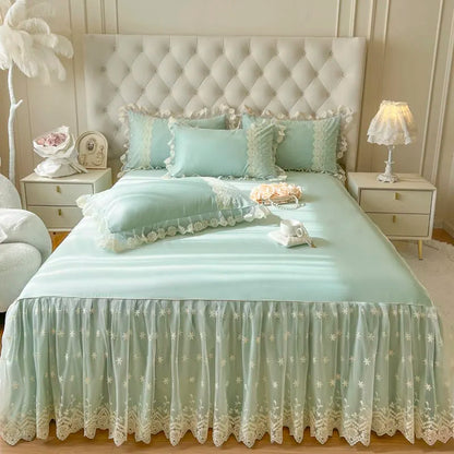 DecorBites™ Cotton Lace Princess Bed Sheet Set with Solid Color Bedspread