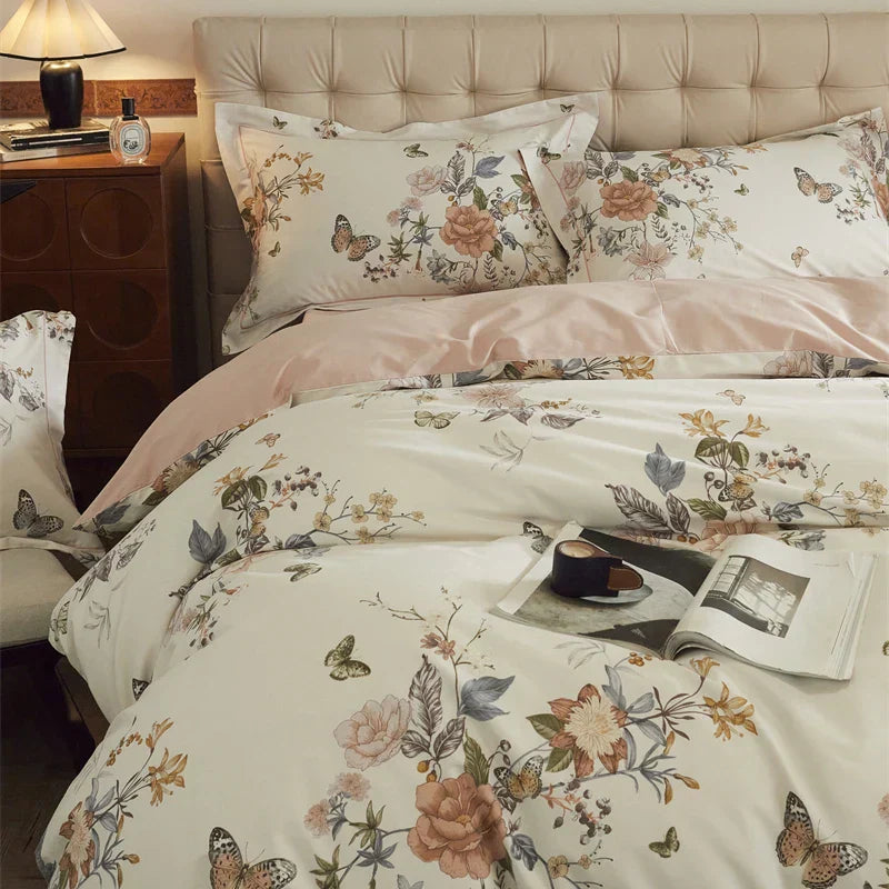 DecorBites™ Butterfly Blooming Flowers Print 100% Egyptian Cotton Bedding Set