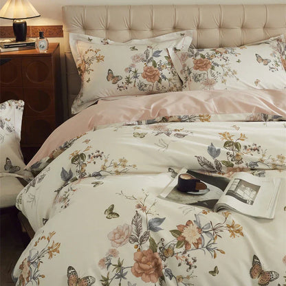 DecorBites™ Butterfly Blooming Flowers Print 100% Egyptian Cotton Bedding Set