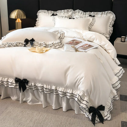 ™ Korean Lace Ruffles Bedding Set with Black Bow Accent
