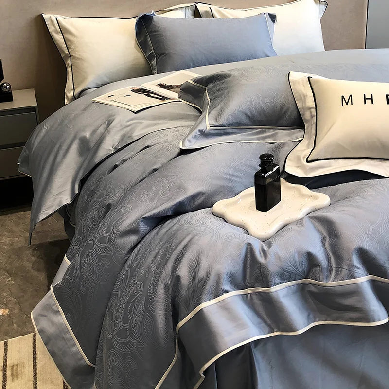 DecorBites™ Jacquard Satin & Egyptian Cotton Patchwork Bedding Set - 4pcs