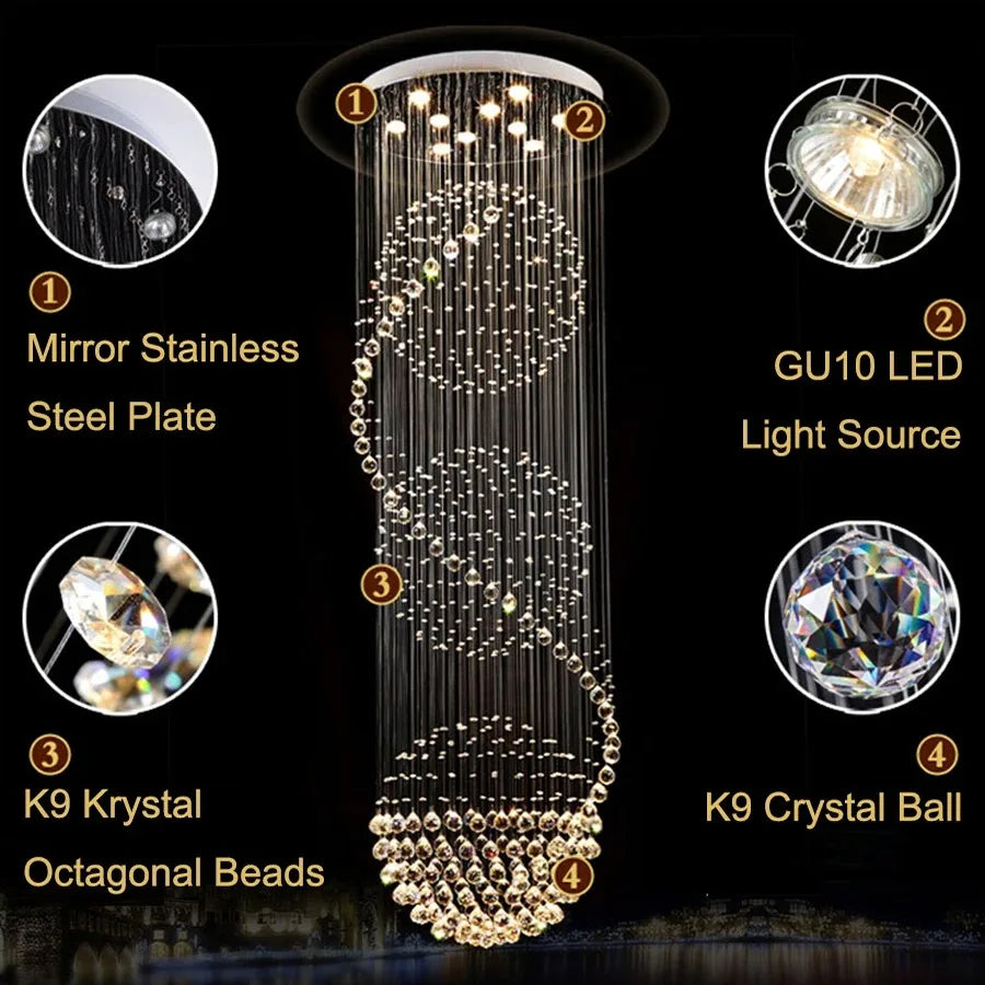 DecorBites™ LED Spiral Crystal Ball Chandelier for Staircase | Modern Indoor Hanging Light Fixture
