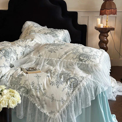DecorBites™ French Lace Ruffles Princess Bedding Set with Milk Velvet Quilt Cover & Pillowcases