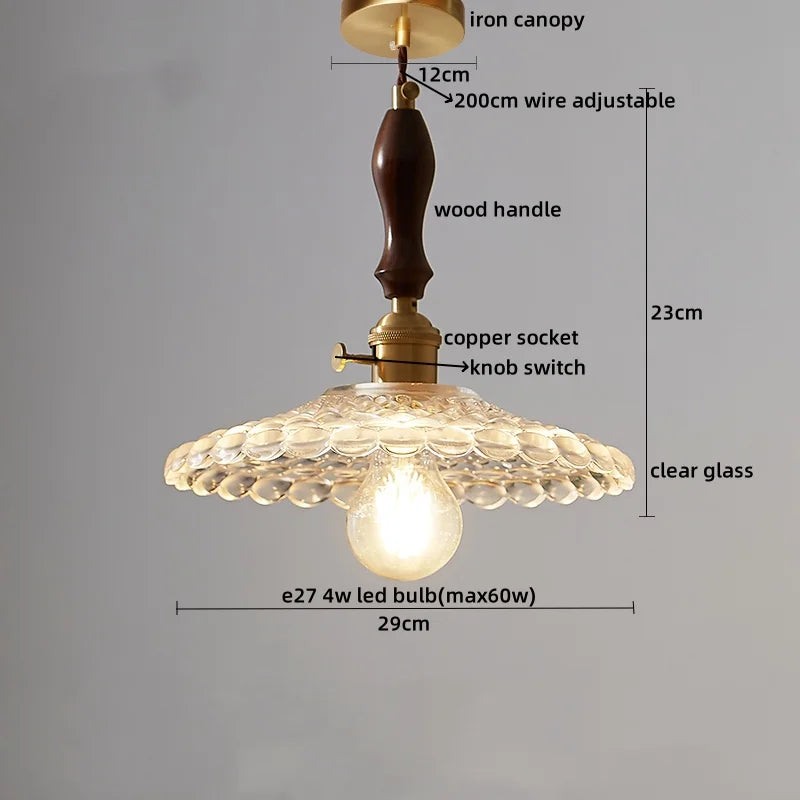 DecorBites™ LED Pendant Light Fixture Wood Handle Clear Glass Modern Hanging Lamp