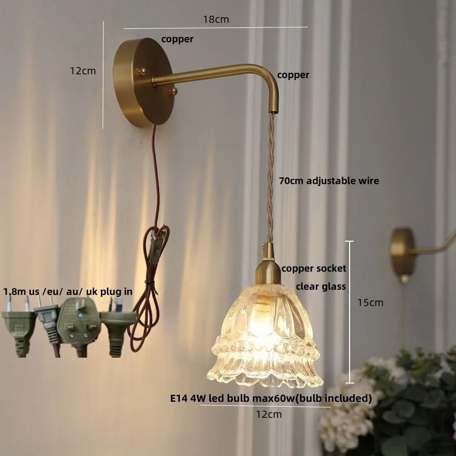 DecorBites™ Amber Glass LED Wall Light Pull Chain Switch Modern Flower Sconce