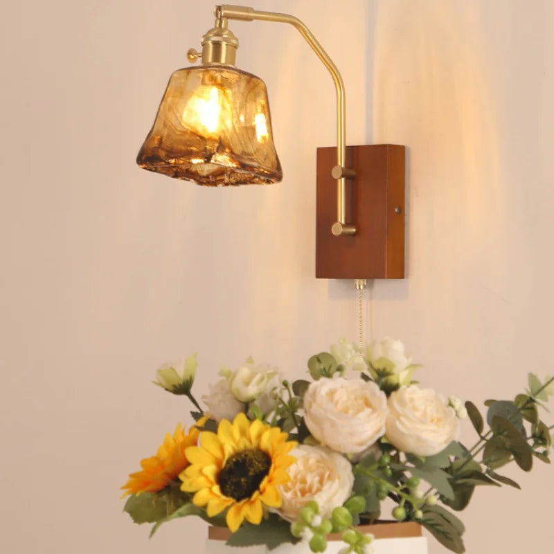 DecorBites™ LED Glass & Wood Wall Lamp with Pull Chain Switch for Living Room, Bedroom, Bathroom