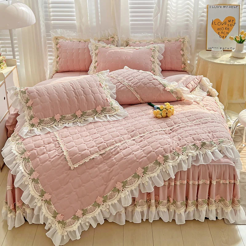 ™ Korean Princess Bedding Set: Flowers, Lace, Ruffles, Embroidery, Quilted, Duvet Cover, Bedspread
