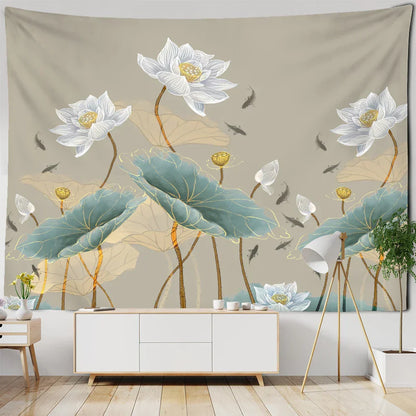 DecorBites™ Koi Lotus Ink Tapestry Wall Hanging - Bohemian Aesthetics Home Decor