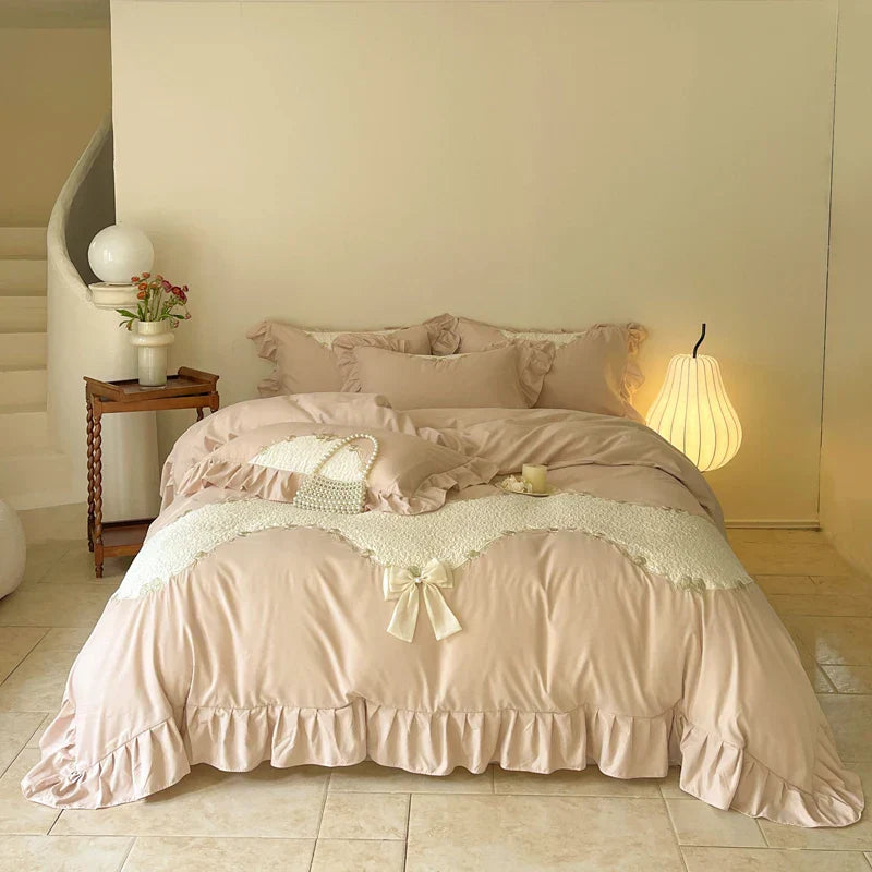DecorBites™ Lace Embroidery Princess Bedding Set - Duvet Cover, Sheet, Pillowcases - Blue Pink Purple
