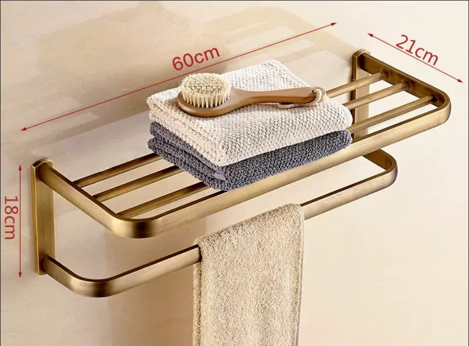 DecorBites™ Antique Bronze Bathroom Accessory Set: Shelf, Towel Rack, Holder, Brush, Hanger, Hook