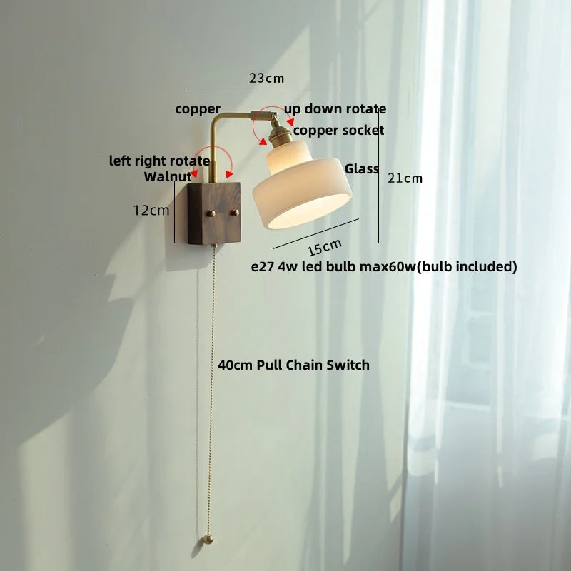 DecorBites™ Brass Walnut Wood LED Wall Sconce with Pull Chain Switch & Flower Glass