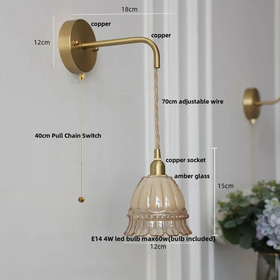 DecorBites™ Amber Glass LED Wall Light Pull Chain Switch Modern Flower Sconce