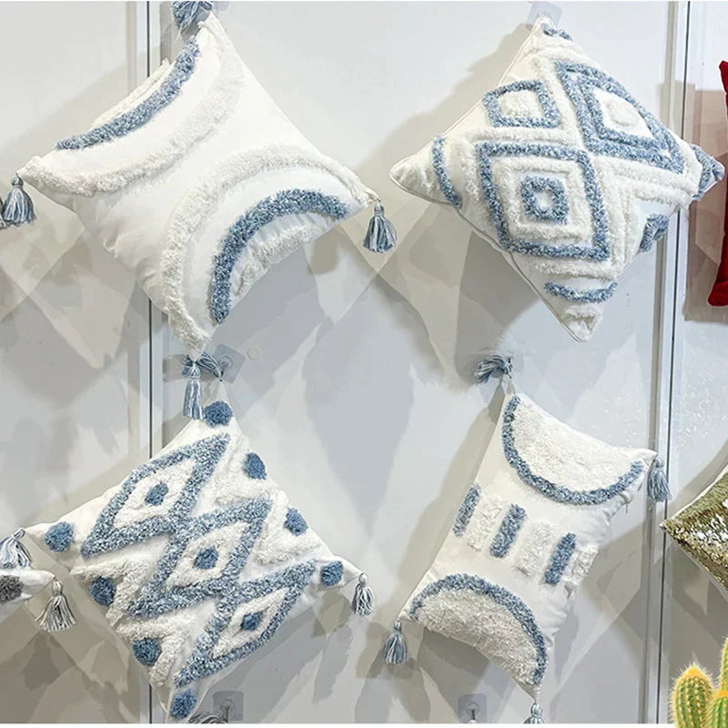 DecorBites™ Geometric Diamond Tufted Embroidery Pillowcases - Blue & White Fringed, 45x45/30x50cm