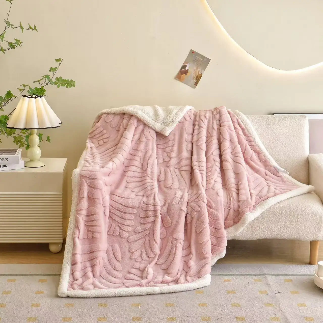 DecorBites™ Banana Leaf Jacquard Faux Rabbit Fur Double Layer Lamb Bedspread
